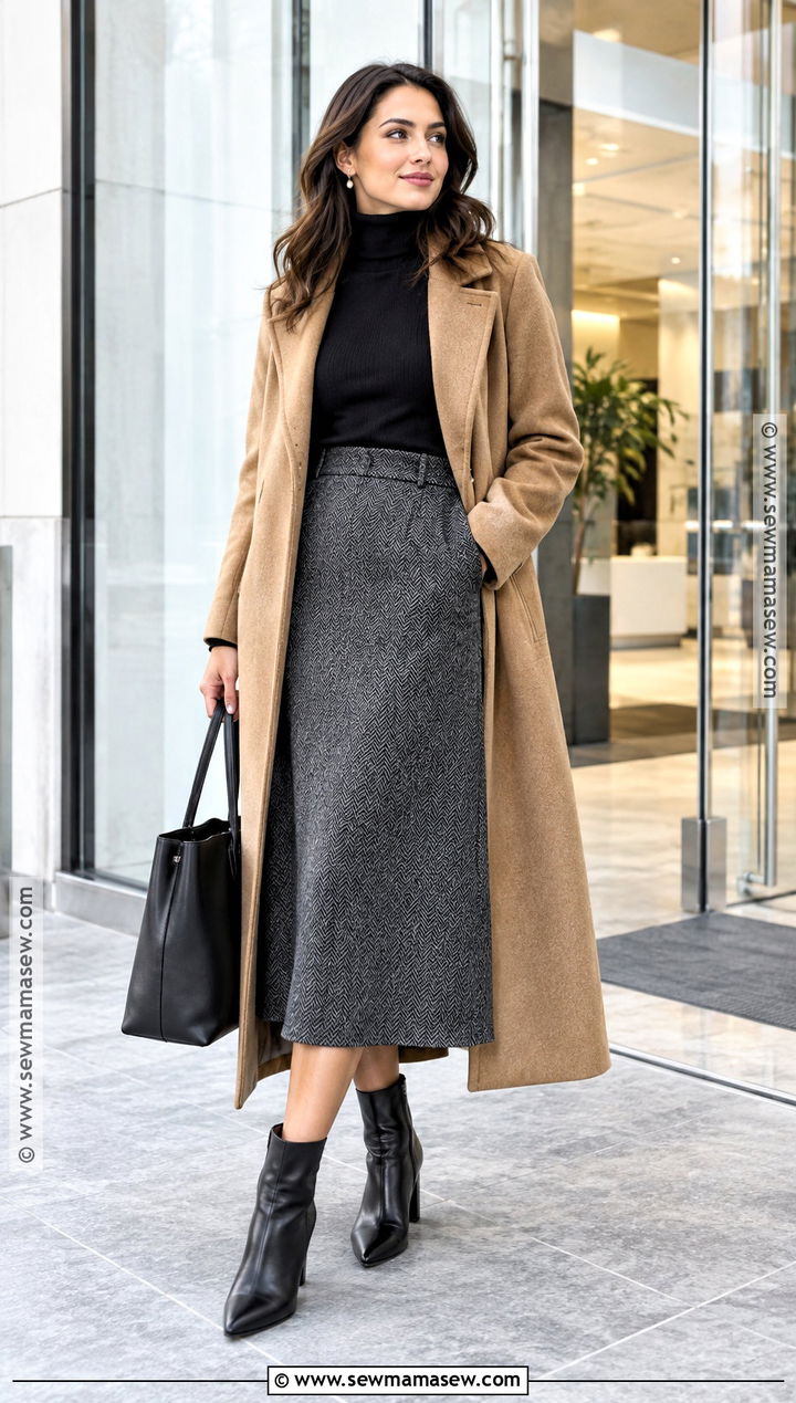 Wool Midi Skirt With Turtleneck And Long Coat - 15 skirt outfit fall ideas 2026