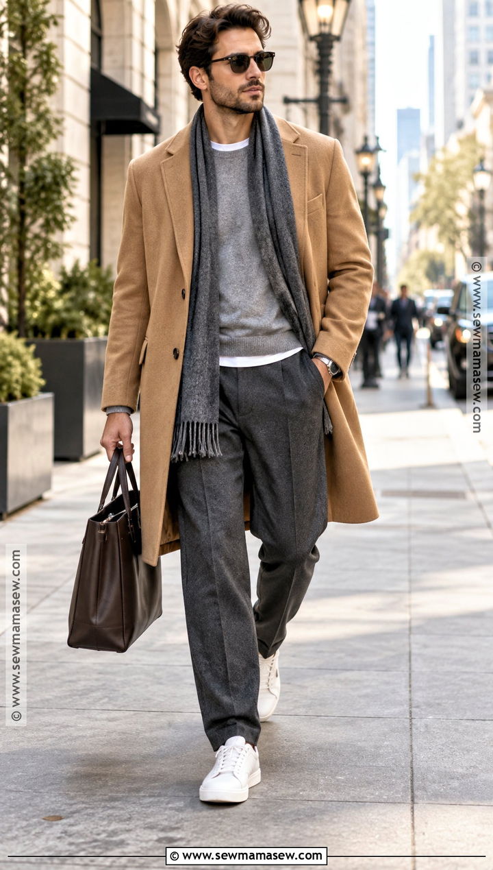 Wool Overcoat And Sneakers Outfit - 15 fall male fashion ideas