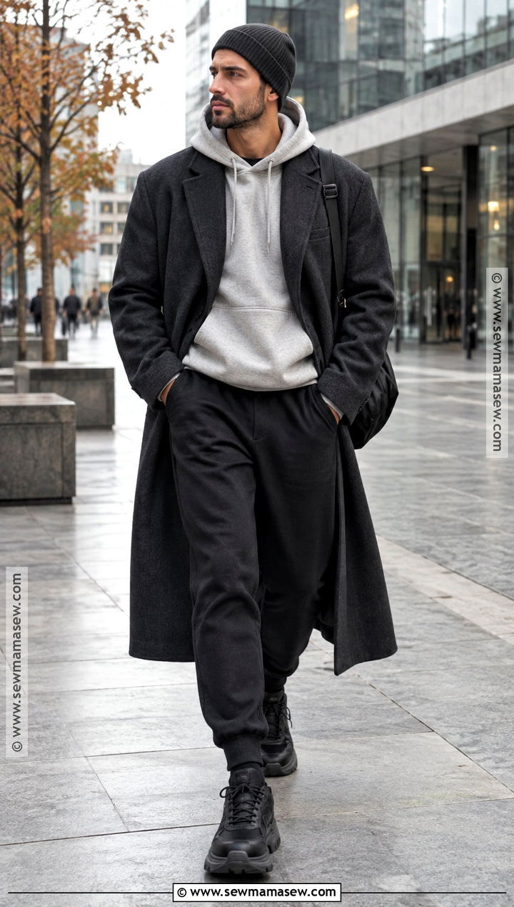 Wool Overcoat Hoodie And Joggers Outfit - 20 men fall outfits casual street style
