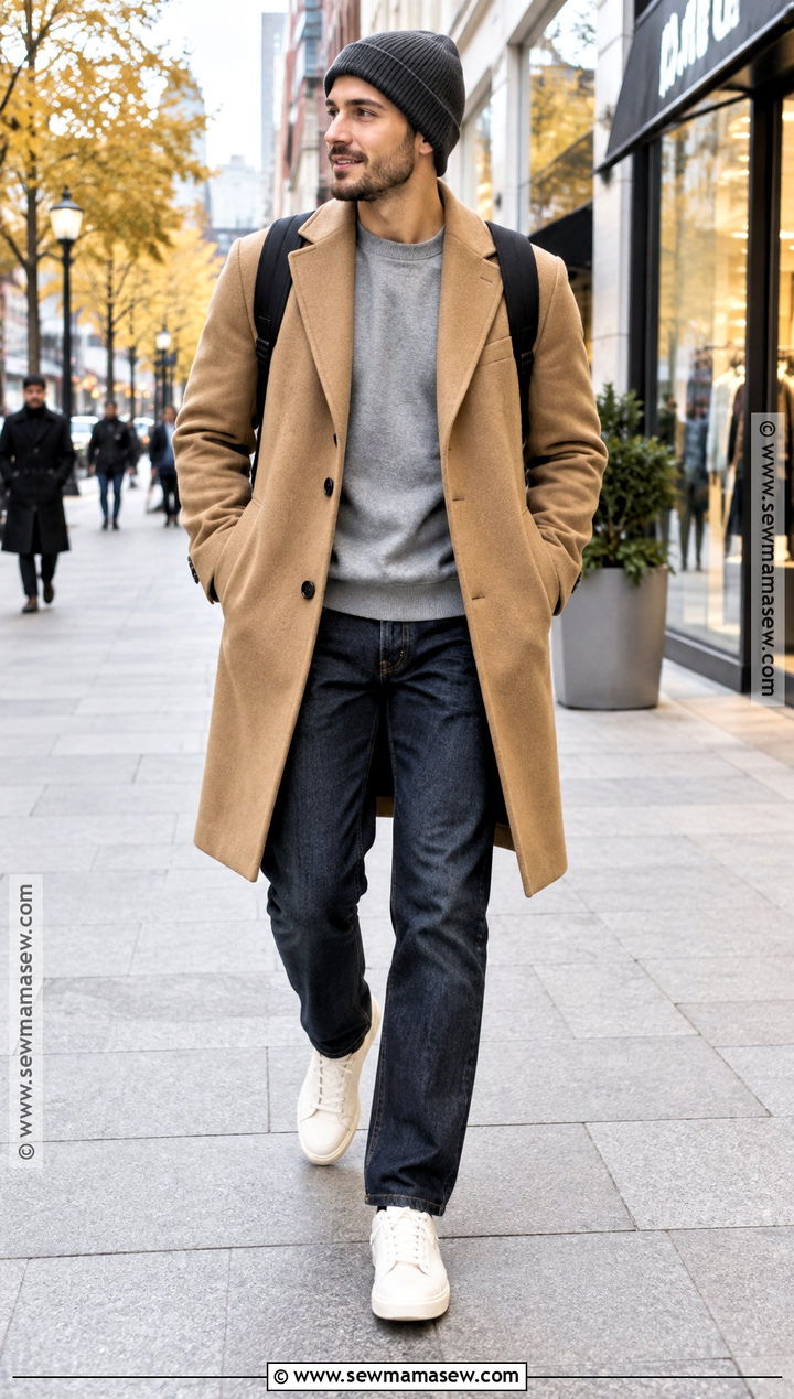 Wool Overcoat With Sweatshirt And Dark Jeans - 20 mens outfits autumn
