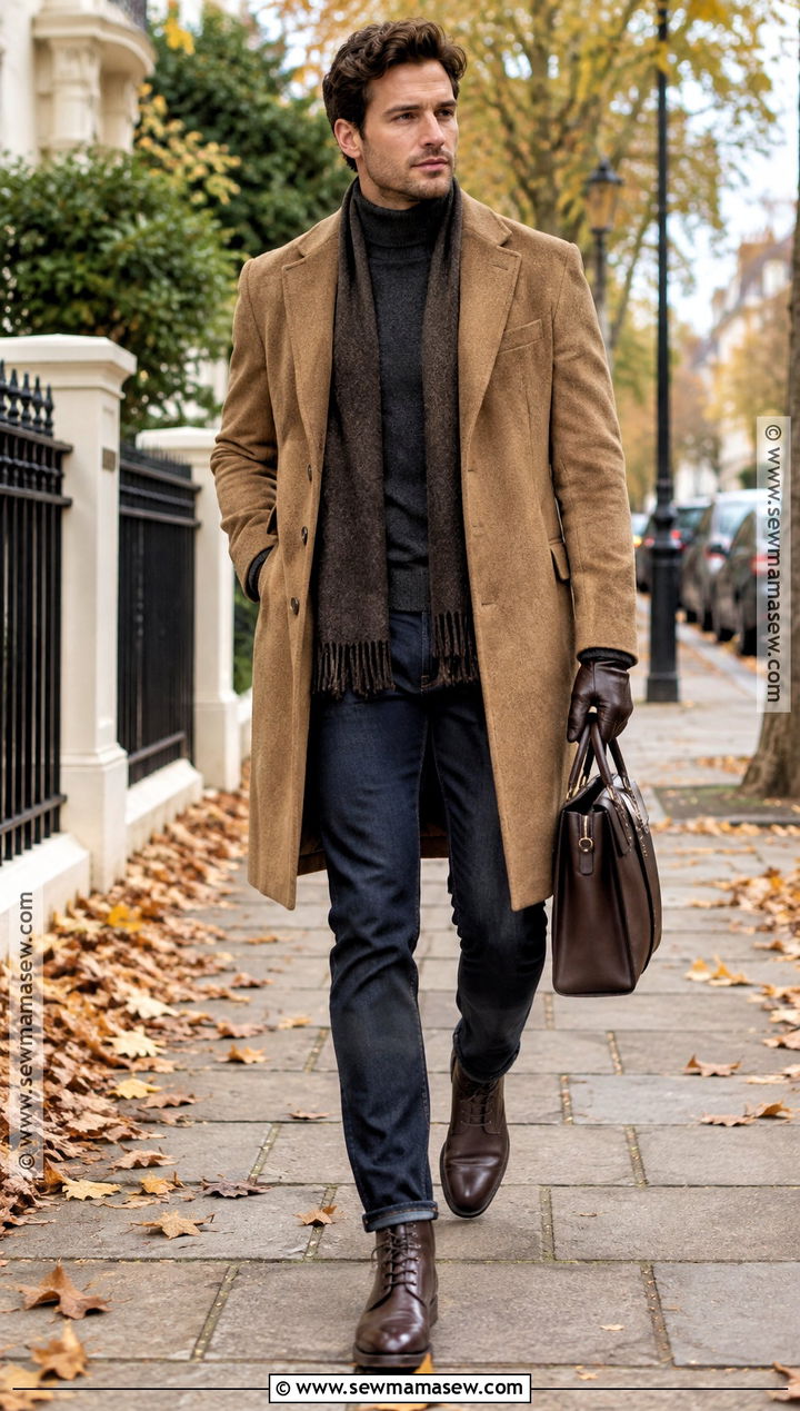 Wool Overcoat and Dark Denim Smart Casual Fall Outfit - 15 smart casual fall outfits for men