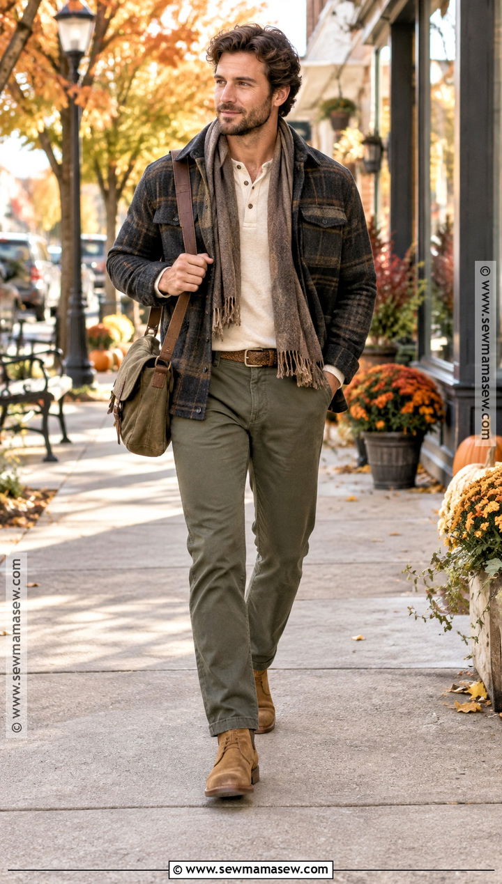 Wool Overshirt With Henley And Olive Pants - 15 country fall outfits for men