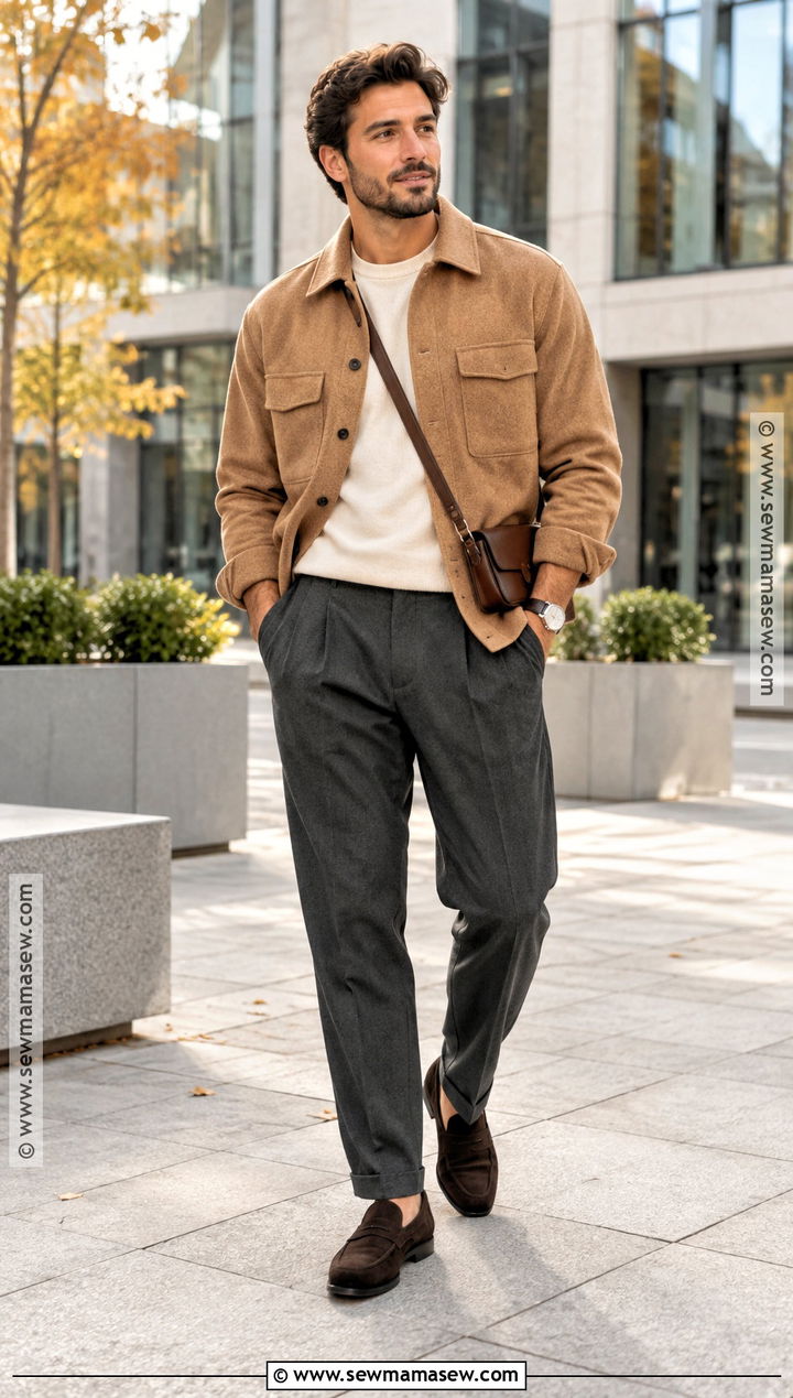 Wool Overshirt With T Shirt And Pleated Trousers - 15 Mens Smart Casual Outfits Autumn