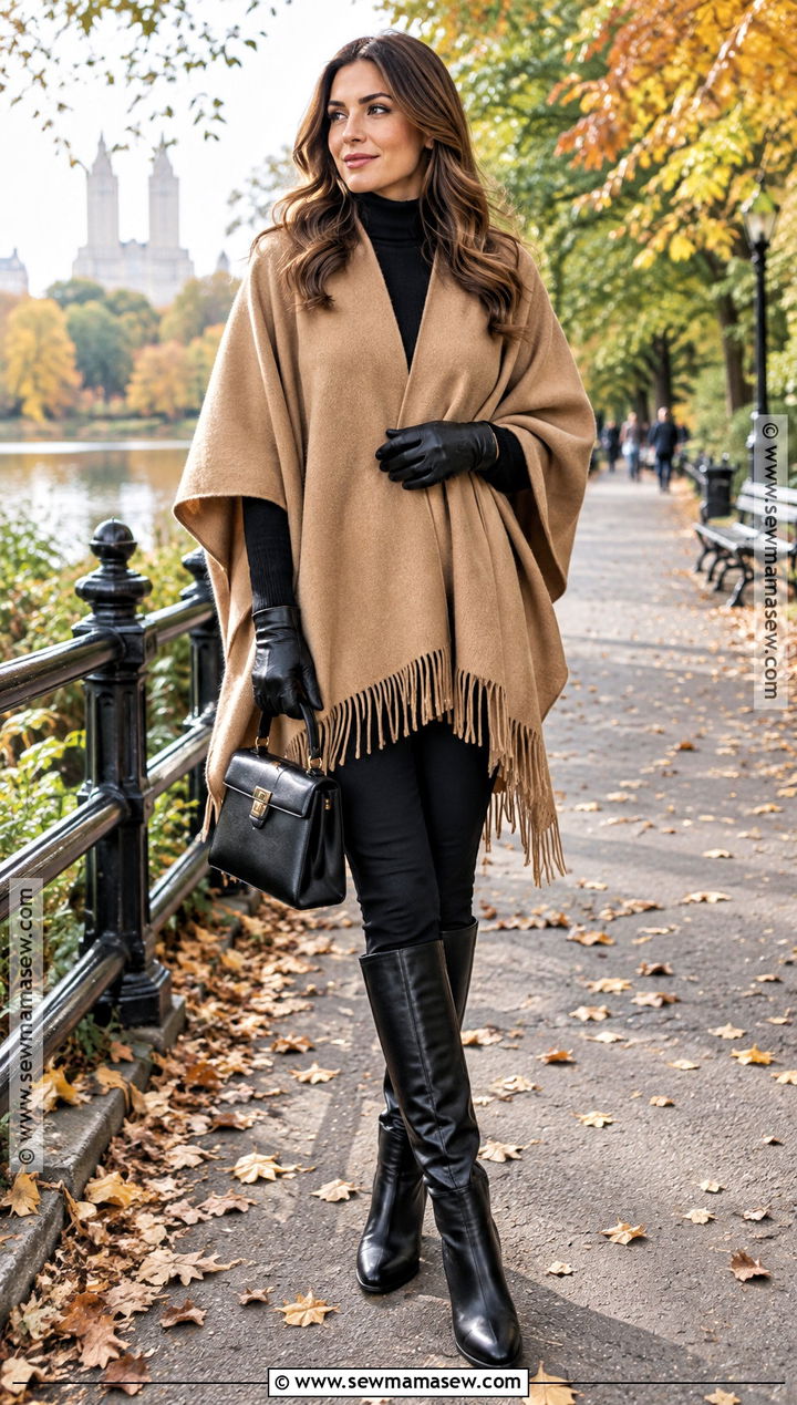 Wool Poncho With Turtleneck and Slim Pants - 20 New York October Outfit Ideas