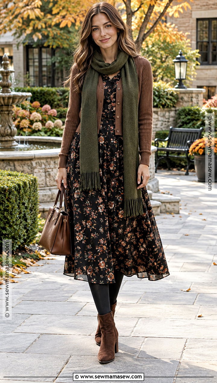 Wool Scarf With Midi Dress And Ankle Boots - 15 Fall Outfit Ideas With Scarves