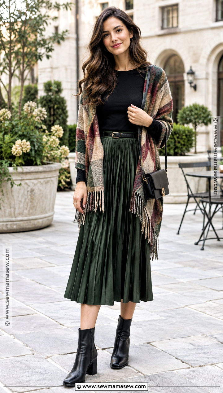 Wool Shawl With A Midi Skirt And Boots - 20 shawl outfit fall ideas