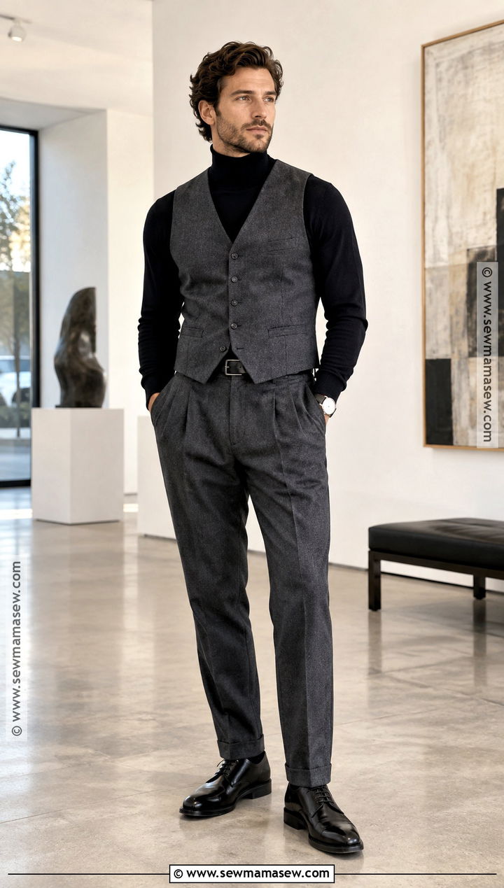 Wool Vest With Turtleneck and Tailored Trousers - 15 Mens Fall Vest Outfit Ideas