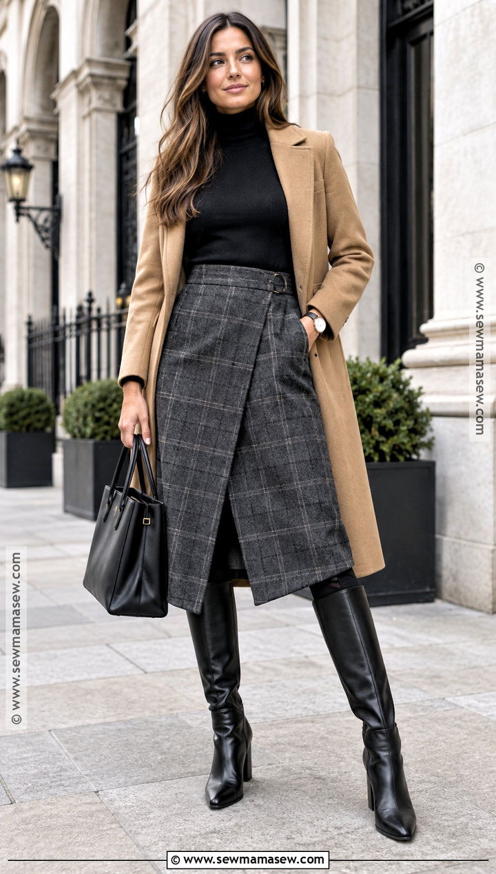 Wool Wrap Skirt With Tall Boots - 20 Skirt Boots Outfit Fall