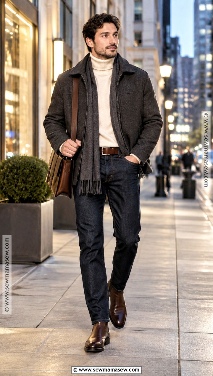 Wool Zip Jacket With Turtleneck And Dark Denim - 20 fall jackets for men