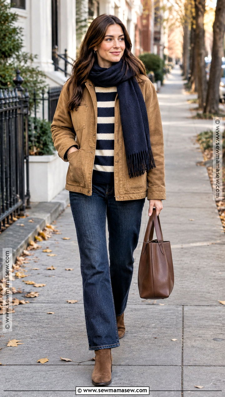 Workwear Jacket Striped Sweater And Relaxed Jeans Outfit - 15 november looks
