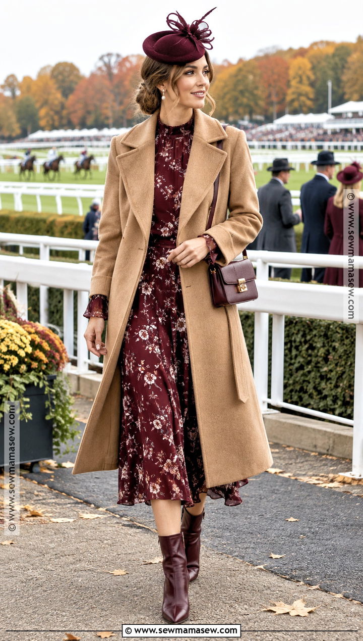 Wrap Coat And Floral Dress Fall Horse Race Outfit - 20 Fall Horse Race Outfit Ideas