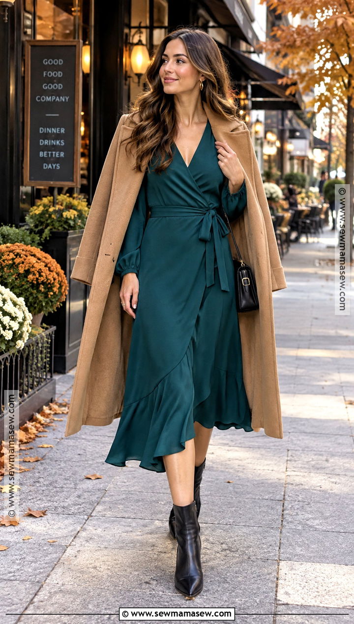 Wrap Dress And Ankle Boots Fall Dinner Outfit - 30 fall dinner outfit ideas