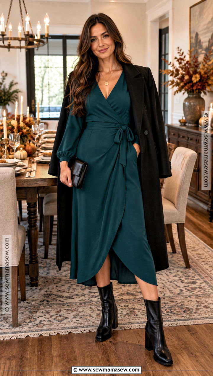 Wrap Dress And Block Heel Boots Friendsgiving Outfit - 25 friendsgiving outfits