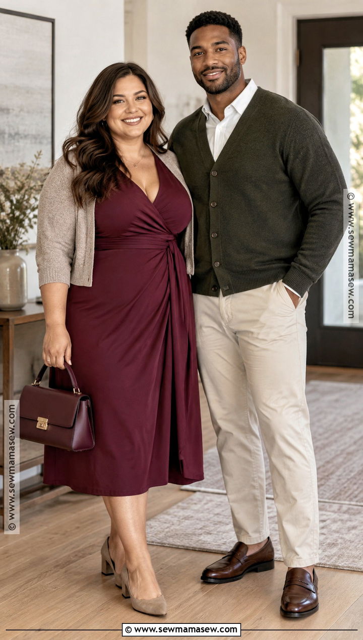 Wrap Dress And Stretch Chinos Thanksgiving Outfit - 20 Thanksgiving Outfit Ideas for Couples