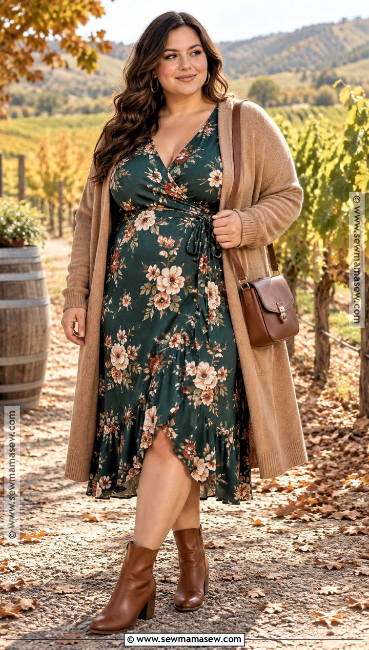 Wrap Dress Winery Outfit With Long Cardigan - 25 fall winery outfits