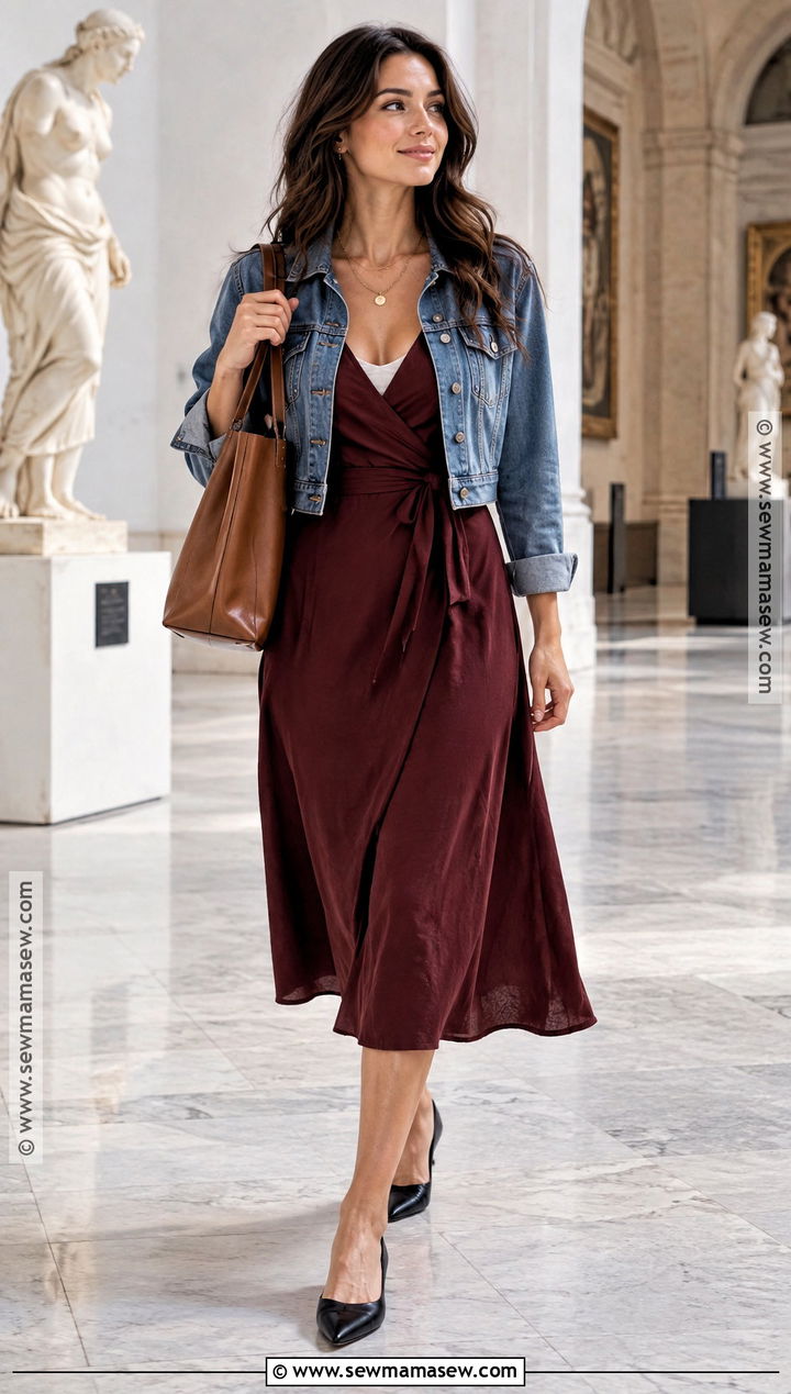 Wrap Dress With Denim Jacket And Flats - 20 Casual Fall Dresses