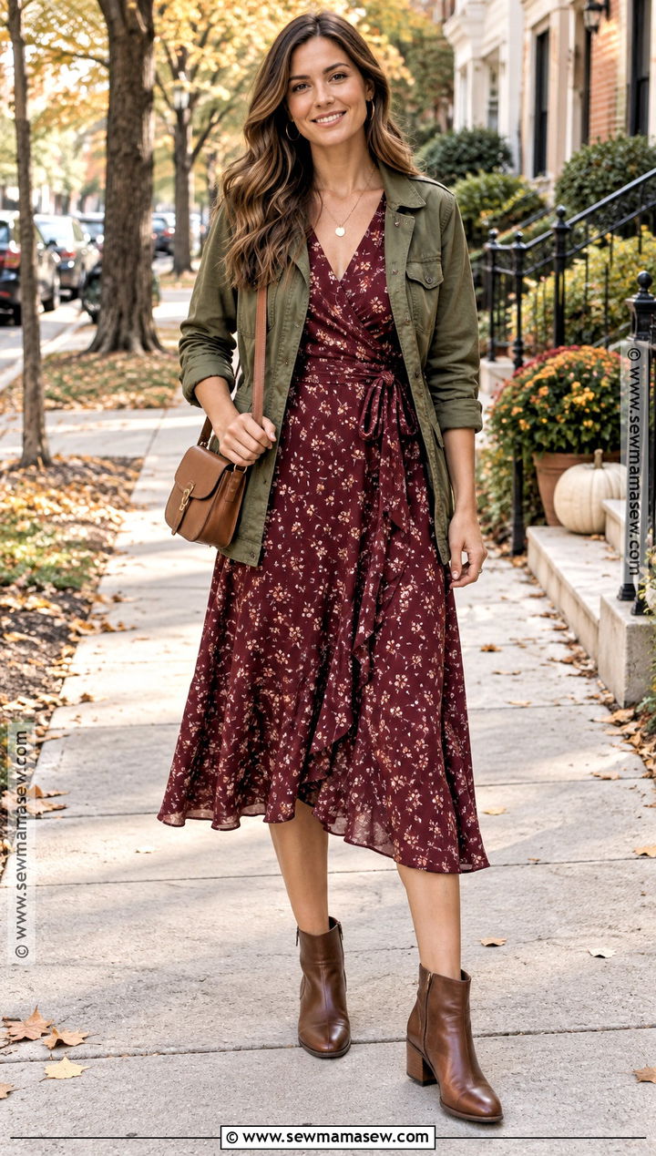Wrap Dress With Utility Jacket And Ankle Boots - 20 autumn dress outfit casual ideas