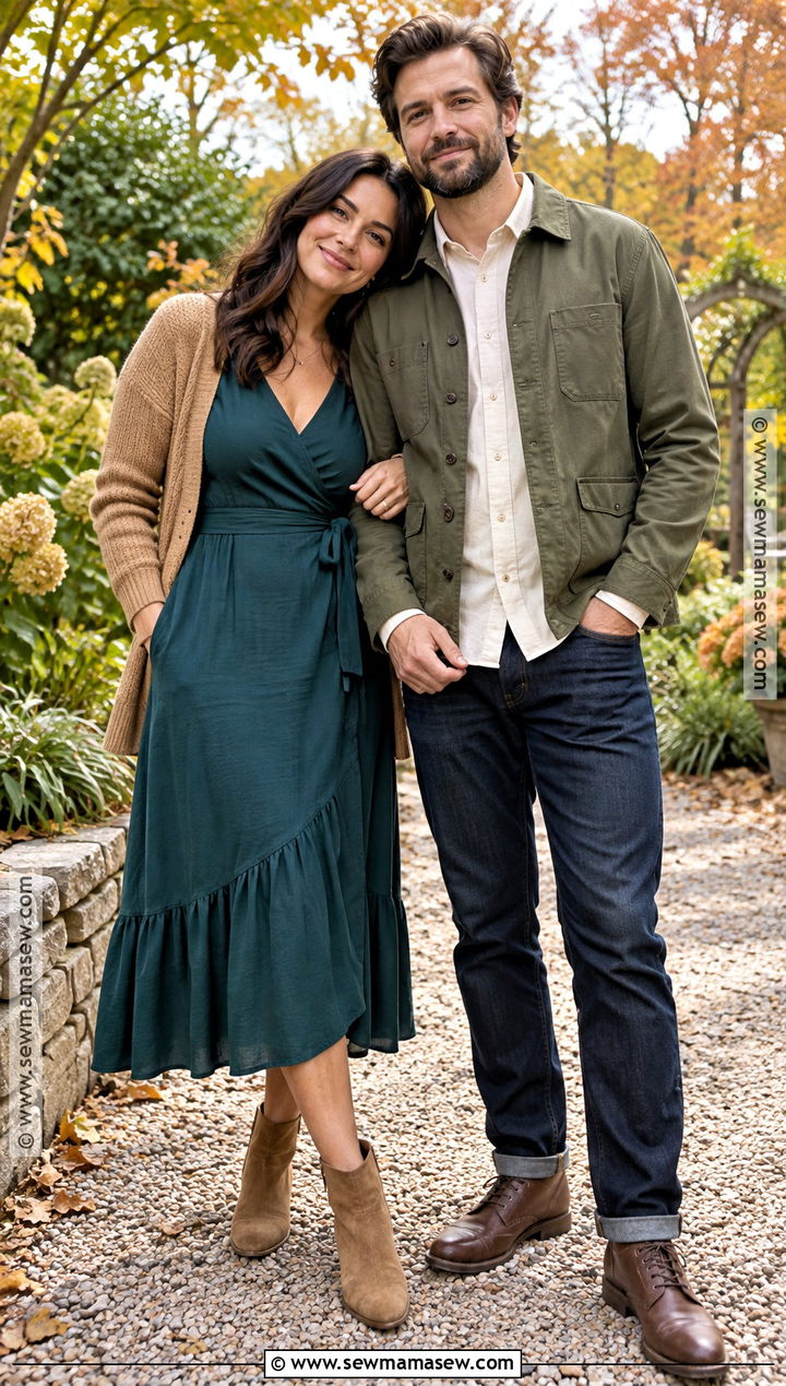 Wrap Dress and Chore Jacket Fall Couple Outfit - 15 Fall Photos Couples Outfits