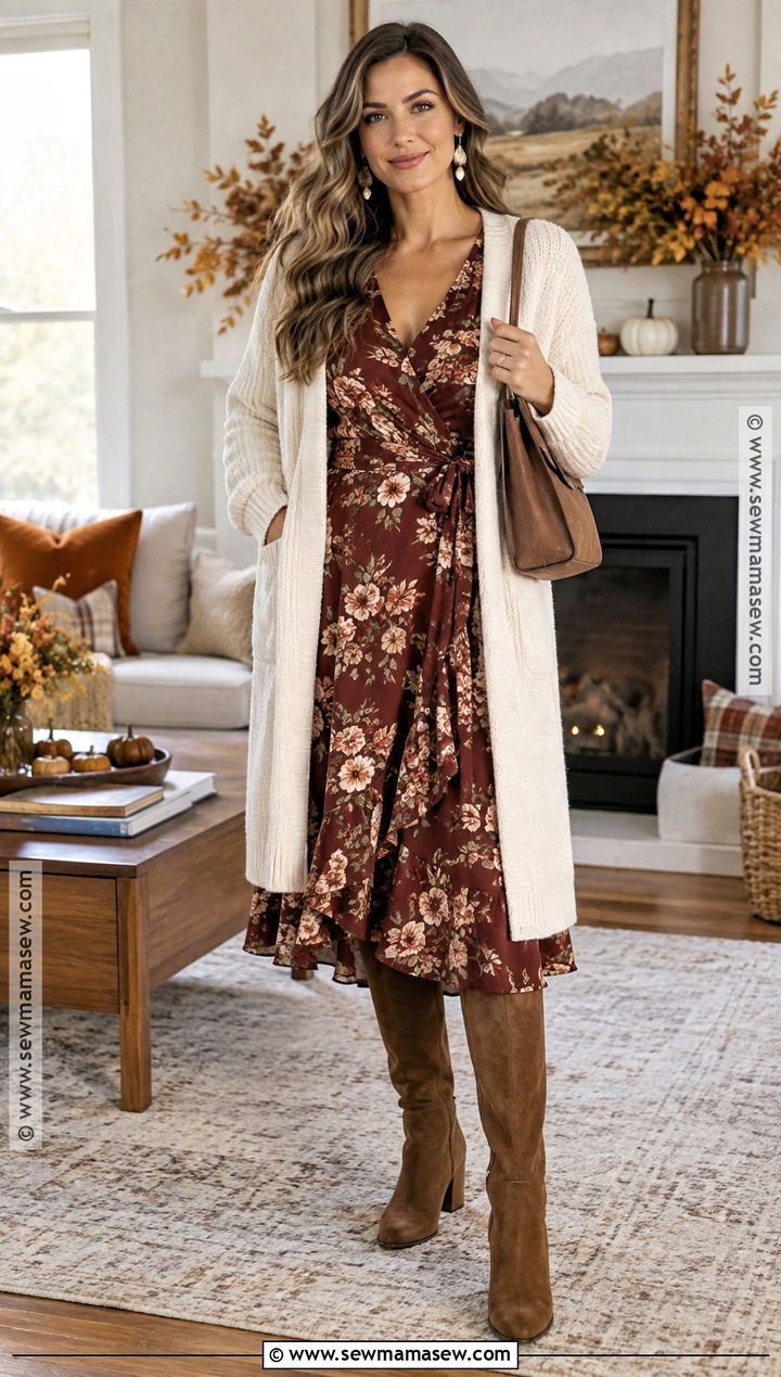 Wrap Dress and Tall Boots Thanksgiving Outfit - 20 outfits for thanksgiving for women
