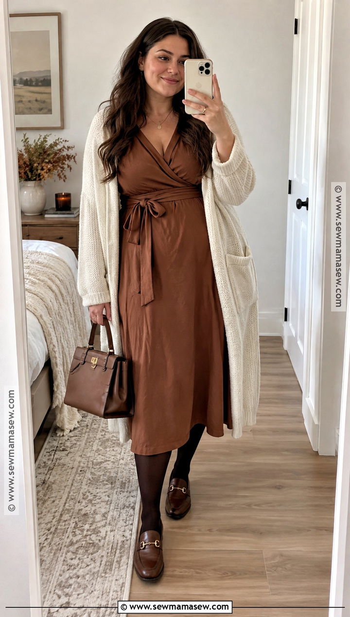Wrap Fall Dress With Cardigan And Loafers - 15 fall outfits 2026 dress