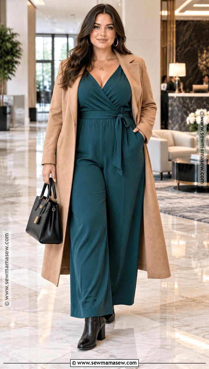 Wrap Jumpsuit With Longline Coat And Block Heels - 15 Fall Jumpsuit Outfit Ideas