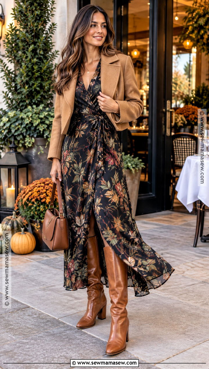 Wrap Maxi Dress With Tall Boots - 25 Fall Maxi Dress Ideas
