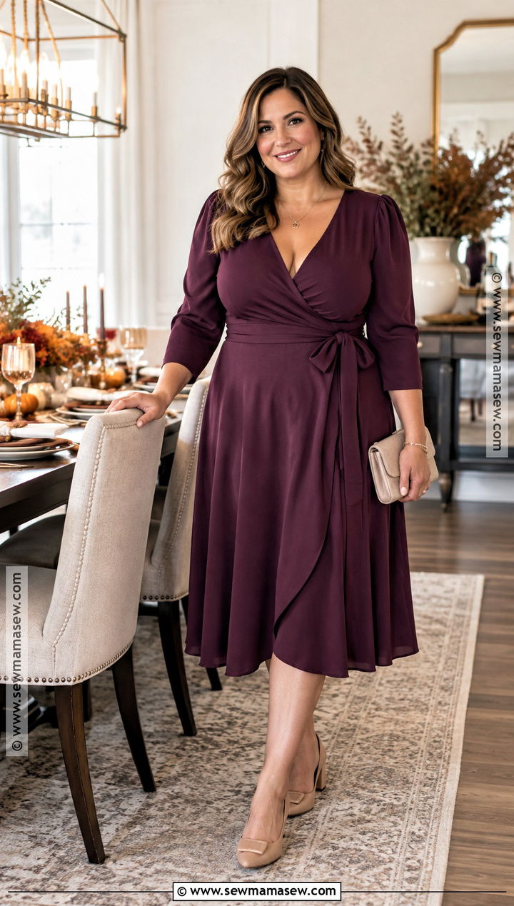 Wrap Midi Dress And Low Heels Thanksgiving Outfit - 20 thanksgiving dinner outfit ideas for women