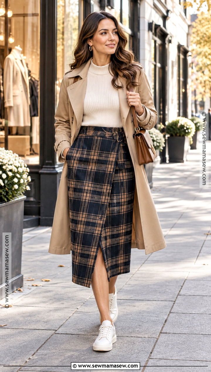 Wrap Skirt With Cream Sneakers - 20 Fall Skirt Outfits With Sneakers