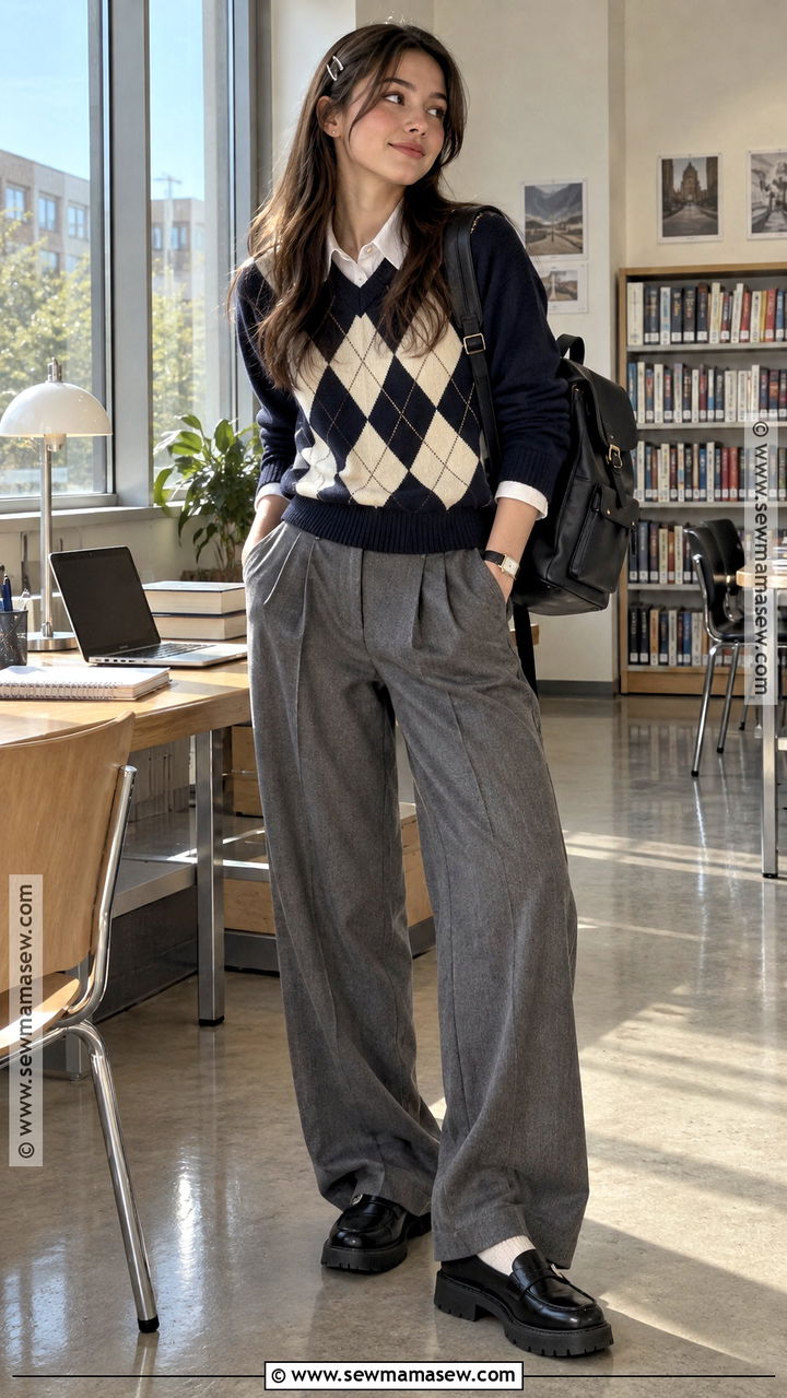 Y2K Argyle Sweater And Pleated Trousers Outfit - 20 back to school outfits y2k