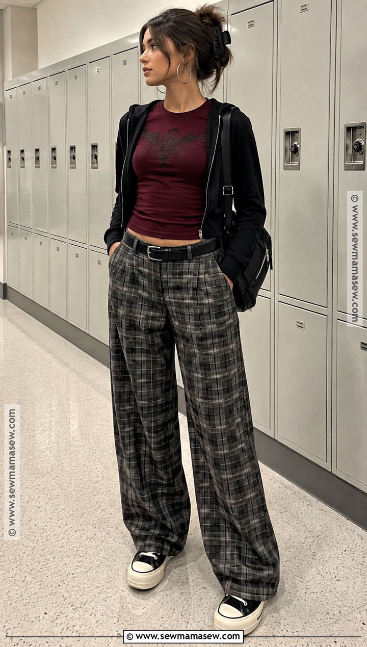 Y2K Baby Tee And Plaid Pants Outfit - 15 y2k outfits back to school