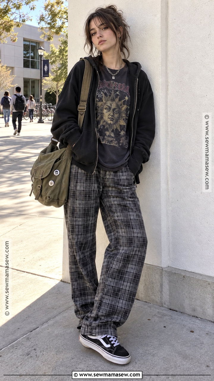 Y2K Band Tee And Plaid Pants Outfit - 20 back to school outfits y2k
