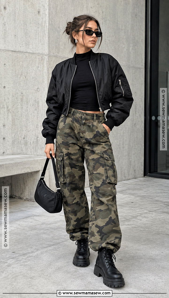 Y2K Camo Cargo Pants And Bomber Jacket Outfit - 25 Y2K Fall Outfits