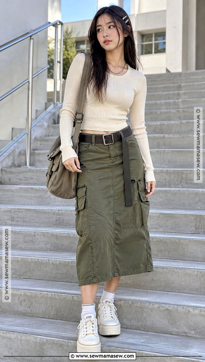 Y2K Cargo Midi Skirt And Ribbed Top Outfit - 15 back to school y2k outfits