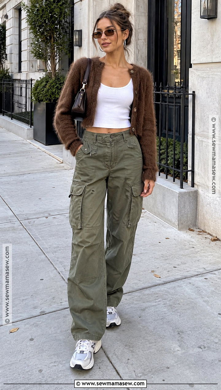 Y2K Cargo Pants And Cropped Cardigan Outfit - 25 Y2K Fall Outfits