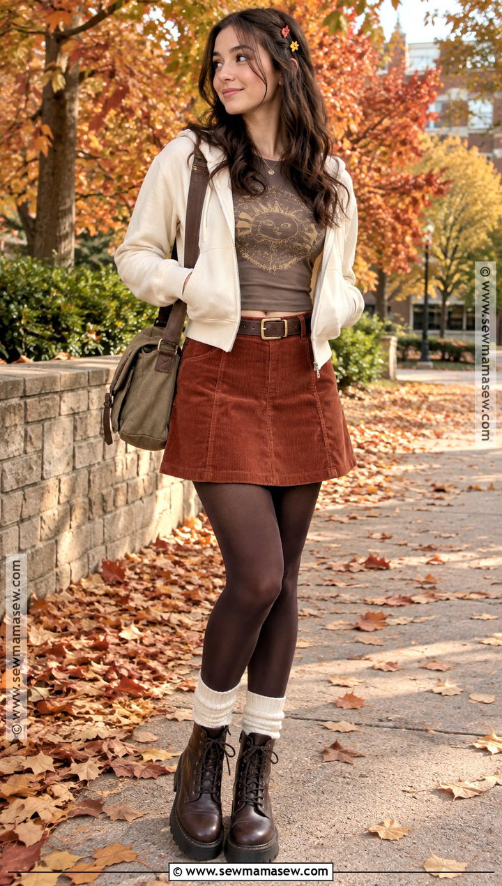 Y2K Corduroy Skirt And Zip Hoodie Outfit - 25 Y2K Fall Outfits