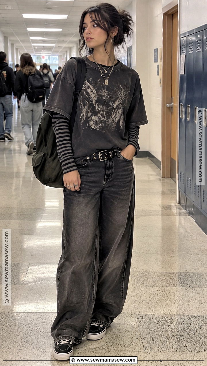Y2K Grunge Graphic Tee And Baggy Jeans Outfit - 15 Back To School Outfits Y2K Grunge
