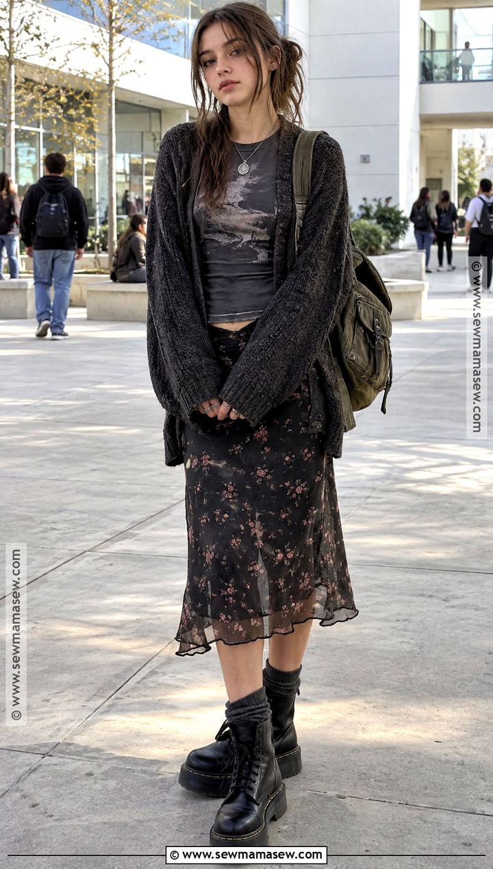 Y2K Grunge Oversized Cardigan And Slip Skirt Outfit - 15 Back To School Outfits Y2K Grunge
