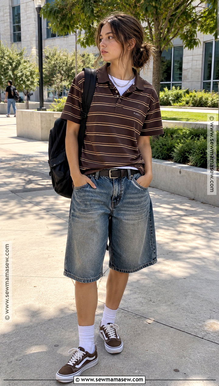 Y2K Grunge Striped Polo And Baggy Jorts Outfit - 15 Back To School Outfits Y2K Grunge