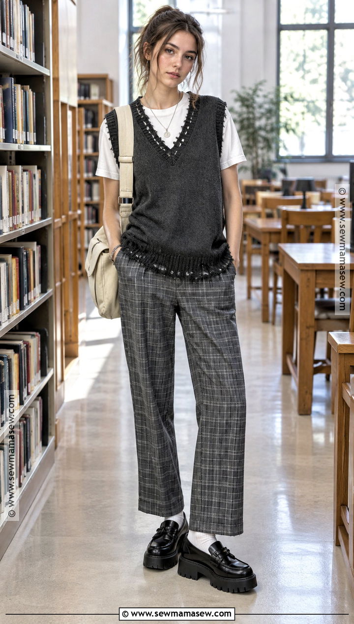 Y2K Grunge Sweater Vest And Plaid Pants Outfit - 15 Back To School Outfits Y2K Grunge