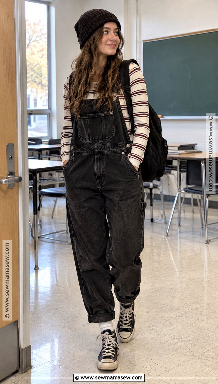 Y2K Grunge Thermal Top And Denim Overalls Outfit - 15 Back To School Outfits Y2K Grunge