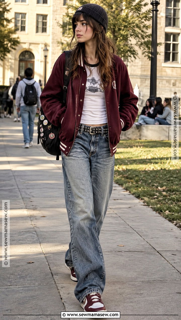 Y2K Grunge Varsity Jacket And Loose Jeans Outfit - 15 Back To School Outfits Y2K Grunge