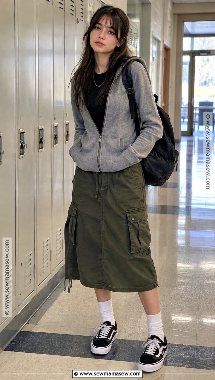 Y2K Grunge Zip Hoodie And Cargo Skirt Outfit - 15 Back To School Outfits Y2K Grunge