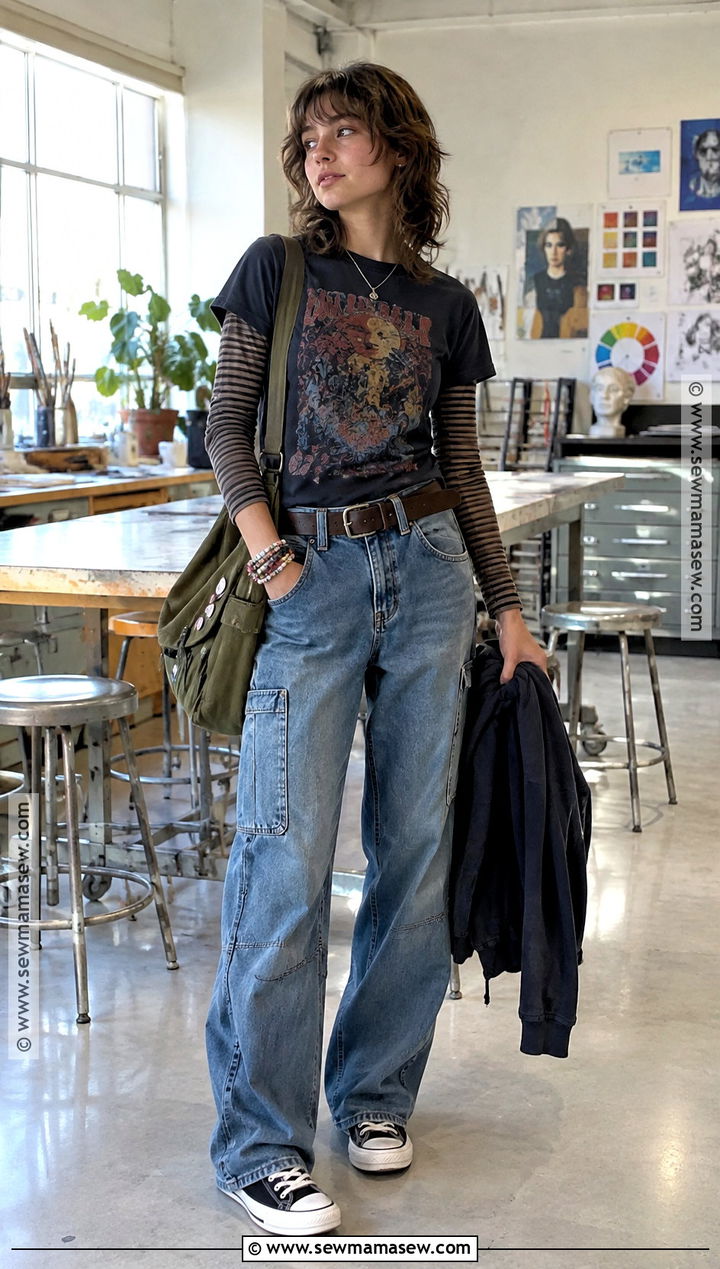 Y2K Layered Graphic Tee And Carpenter Jeans Outfit - 15 back to school y2k outfits