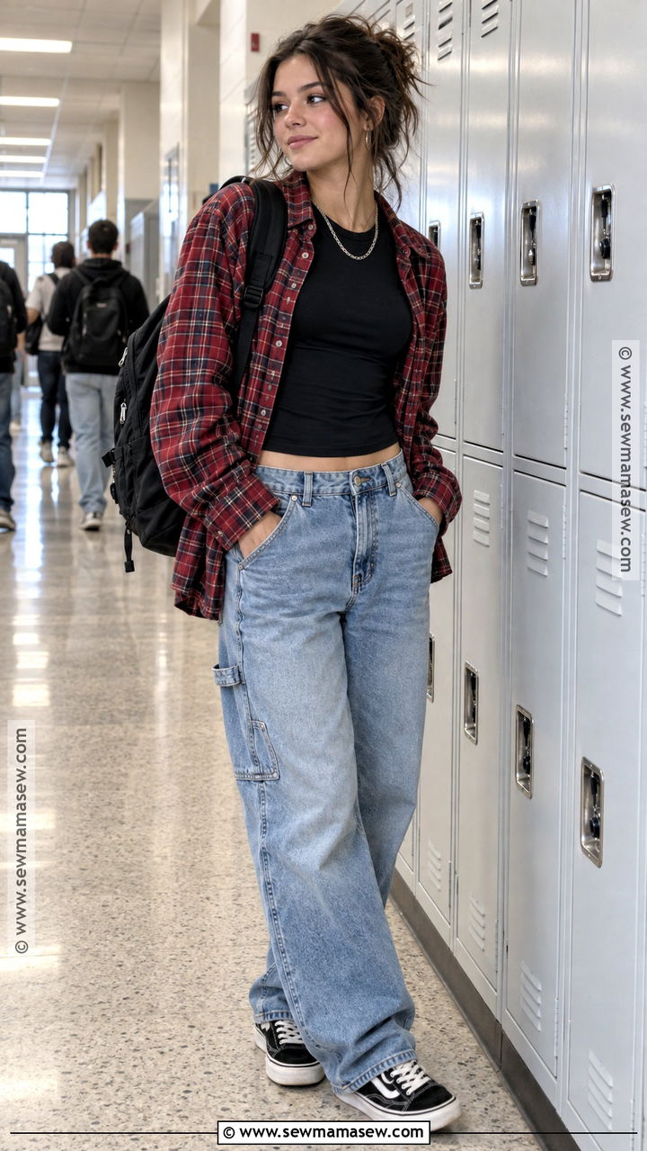 Y2K Plaid Shirt And Carpenter Jeans Outfit - 20 back to school outfits y2k