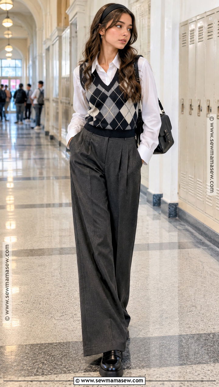Y2K Sweater Vest And Wide Leg Pants Outfit - 15 back to school y2k outfits