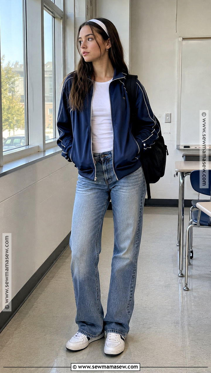 Y2K Track Jacket And Straight Leg Jeans Outfit - 15 back to school y2k outfits
