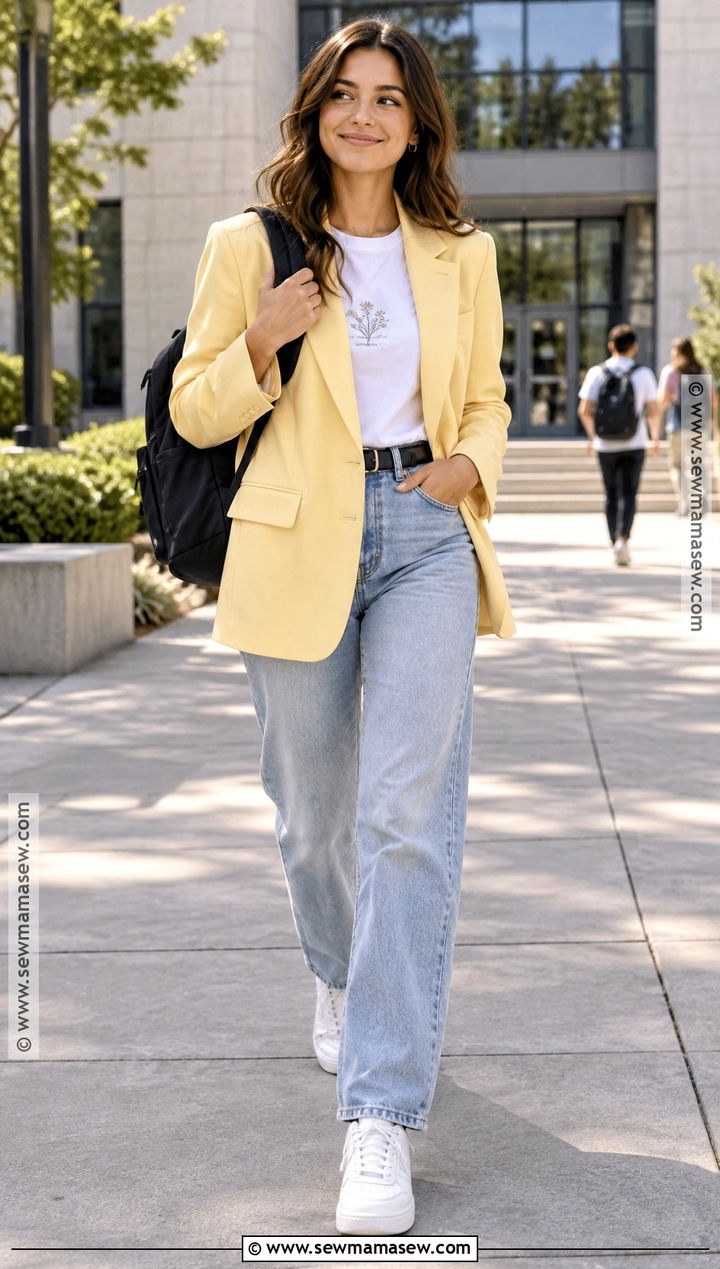 Yellow Blazer And Graphic T Shirt Outfit - 15 yellow back to school outfits