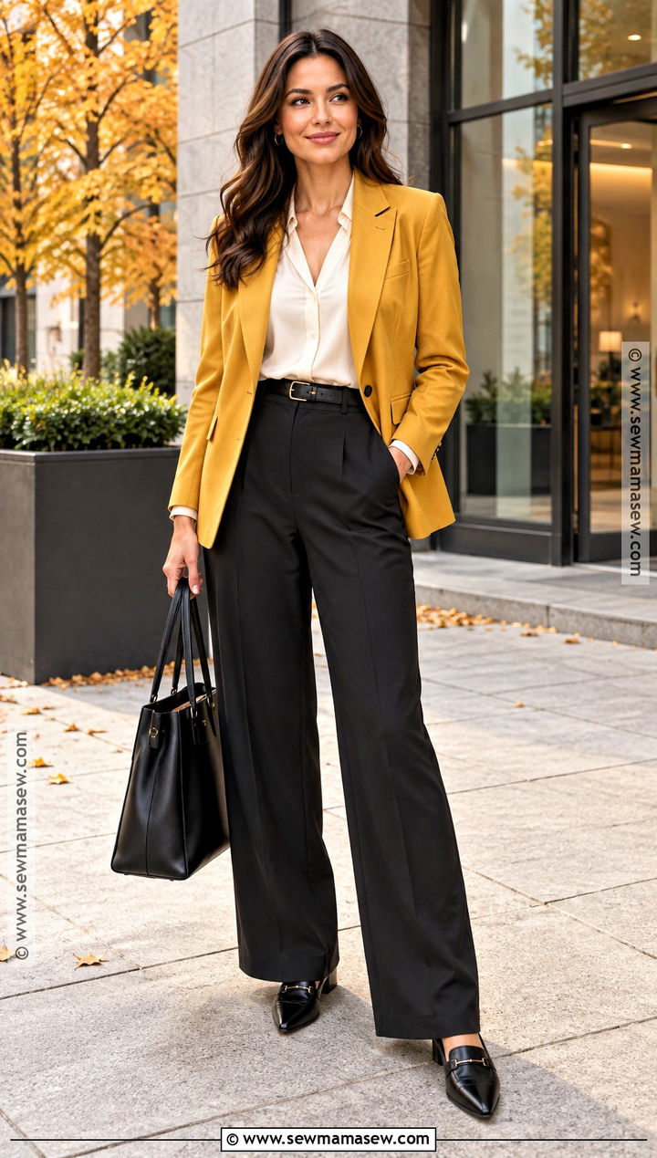 Yellow Blazer With Black Tailored Trousers - 15 autumn yellow jacket ideas