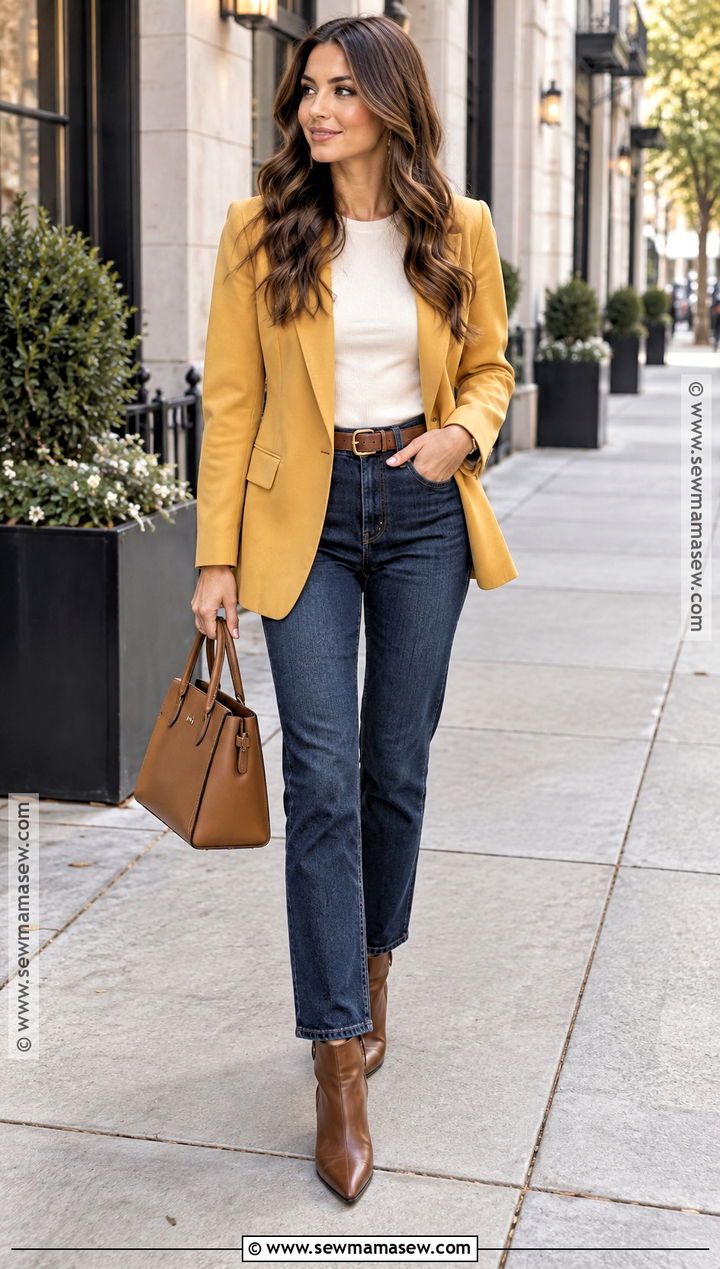 Yellow Blazer With Dark Wash Jeans - 20 Yellow Fall Outfits