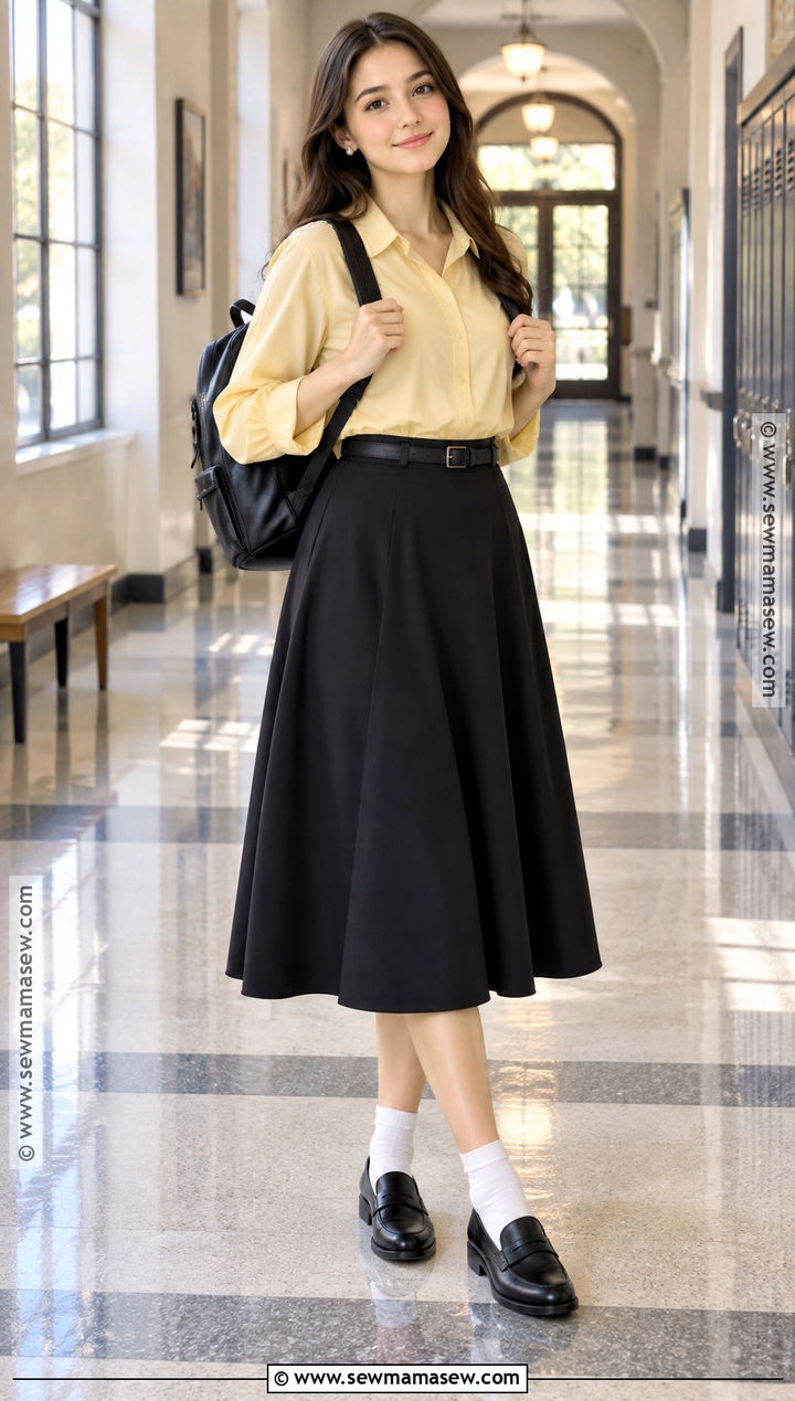 Yellow Blouse And Black Midi Skirt Outfit - 15 yellow back to school outfits